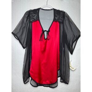 Sheer Red & Black Lace Silk Babydoll Shirley Of Hollywood One Size SEXY VINTAGE